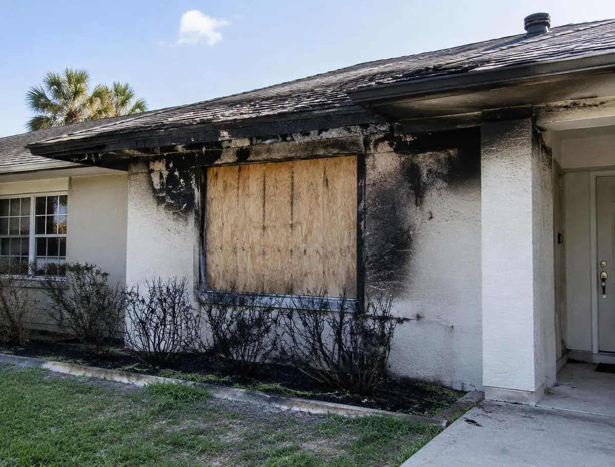 Florida house with fire damage and boarded window